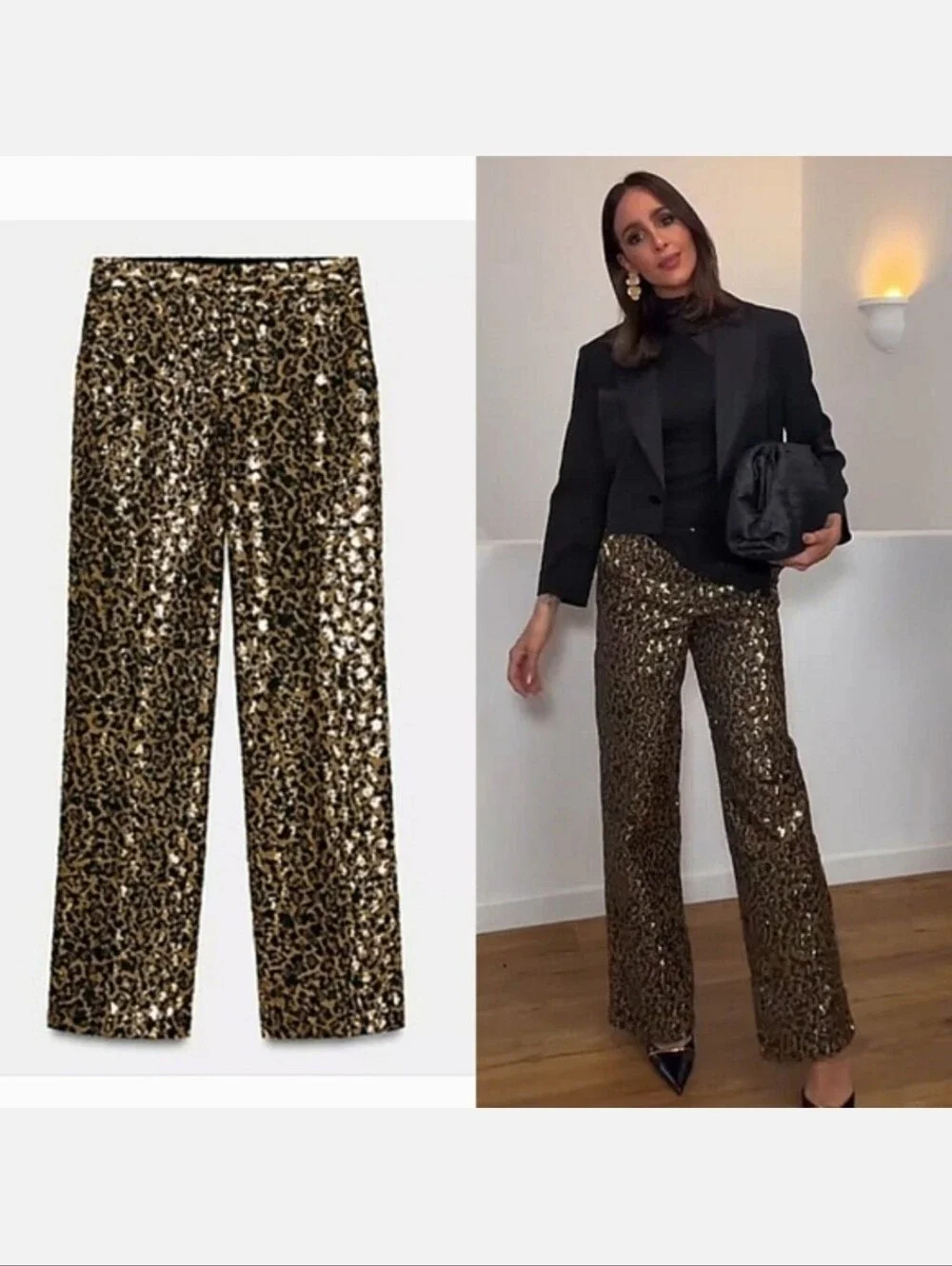 ZARA ANIMAL PRINT SEQUIN STRAIGHT LEG PANTS SIZE M